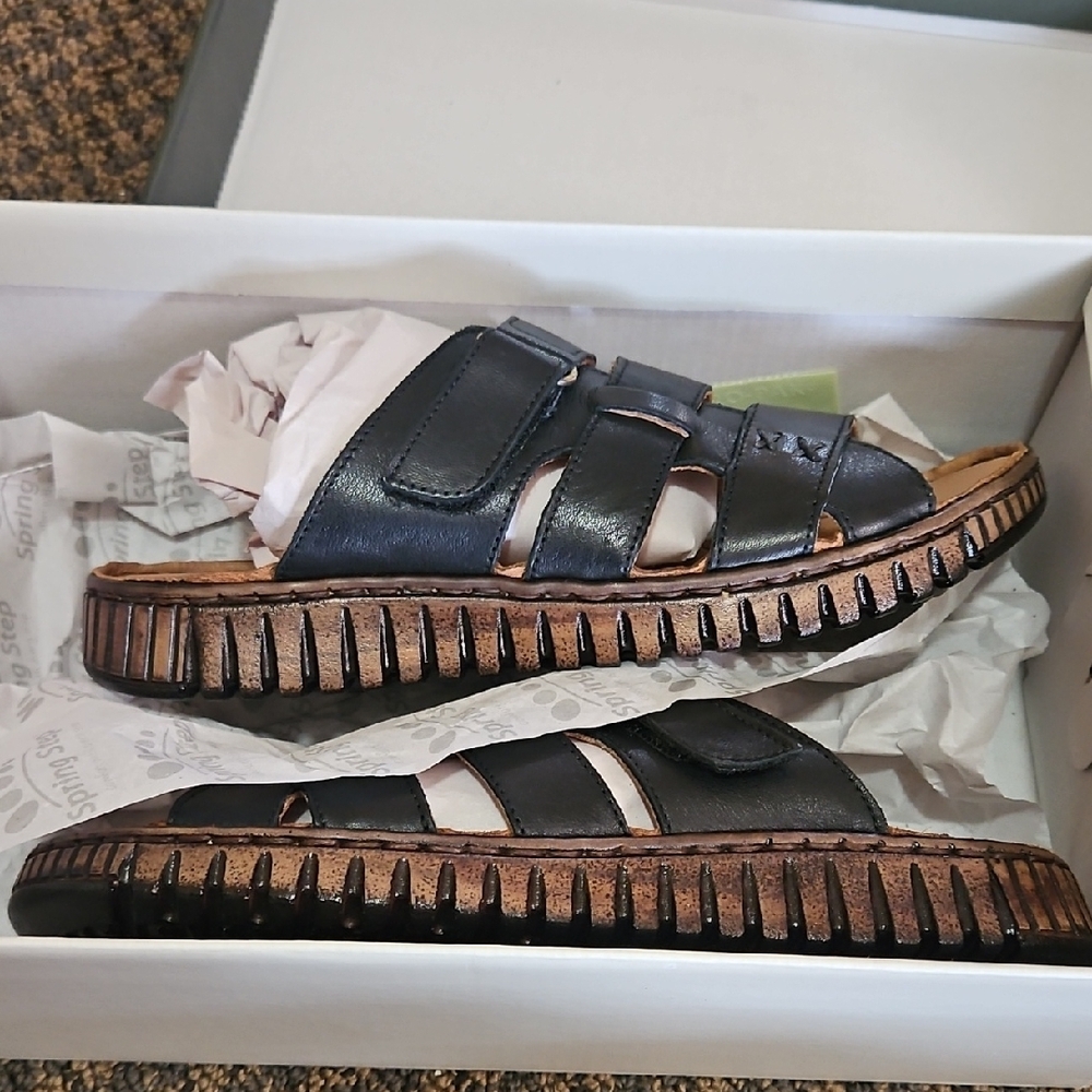 SPRING STEP Black Leather Sandals with Brown Sole